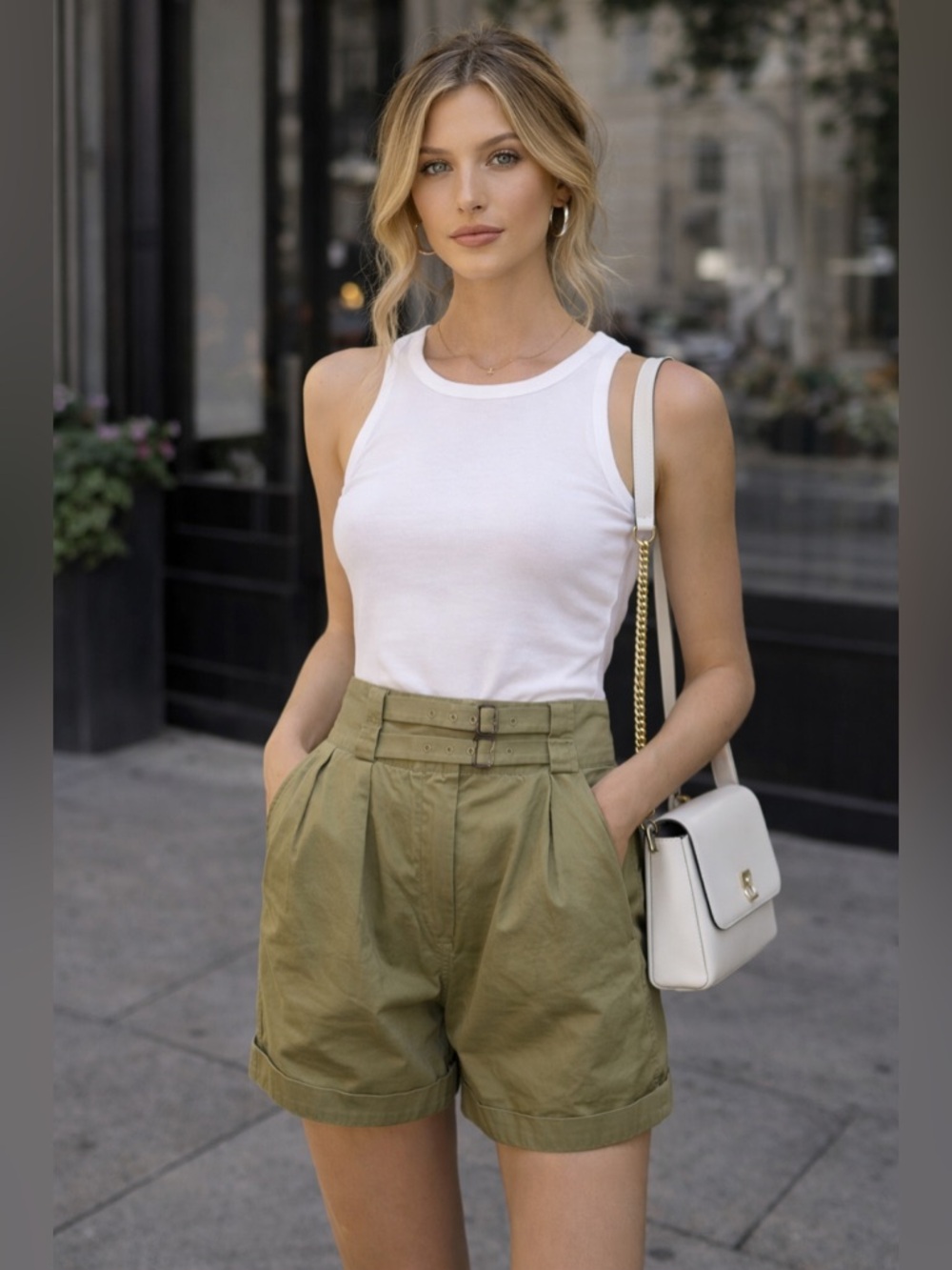 Lacoste High Waisted Cotton Shorts Olive Green Belted Size 4 Tailored Luxe